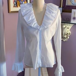 Anne Fontaine white ruffled zip front blouse